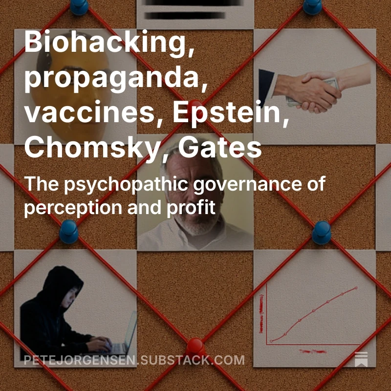 A pin board connecting post-it notes with pictures of Epstein, a mask from the creepy Epstein Island laboratory room, a hacker, a shady handshake with money being exchanged, and a growth chart